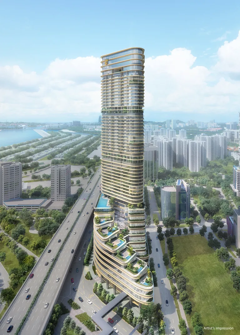 Newport Residences, artist’s impression: the full 45-storey tower in daylight beside the expressway, with the sea and the green of the city around it