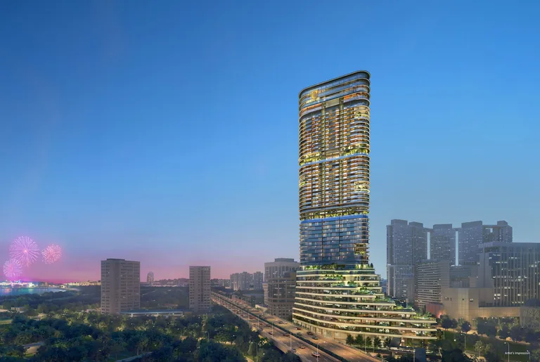 Newport Residences, artist’s impression: the tower at dusk beside the Ayer Rajah Expressway, its cascading green terraces stepping down to the podium