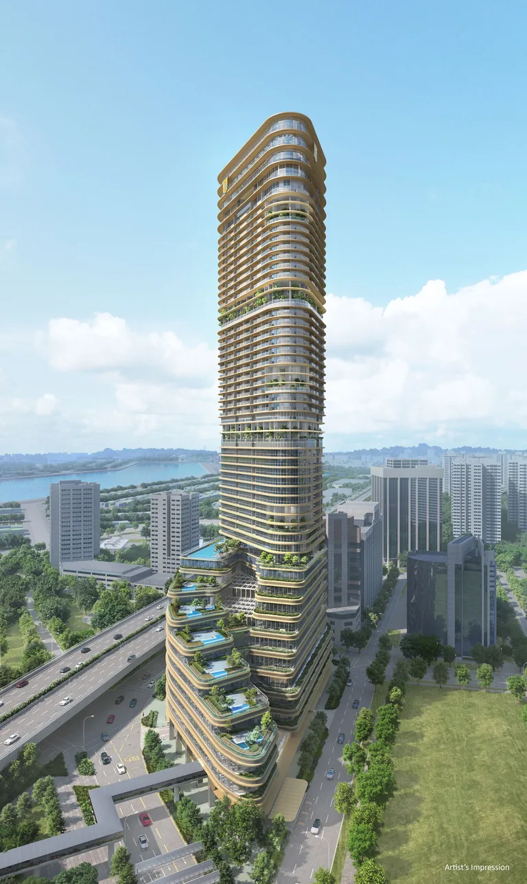 Newport Residences, artist’s impression: the tower in daylight, its cascading garden terraces wrapping the lower storeys