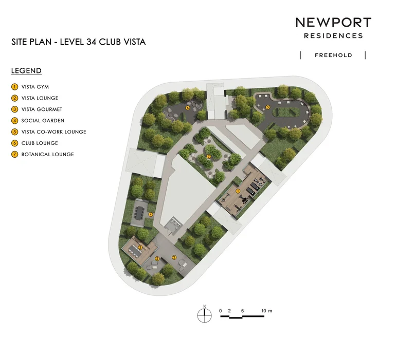 Newport Residences plan (developer graphic, not to scale): Club Vista on Level 34 with the Vista Gym, Vista Lounge, Vista Gourmet, Social Garden, Vista Co-Work Lounge, Club Lounge and Botanical Lounge