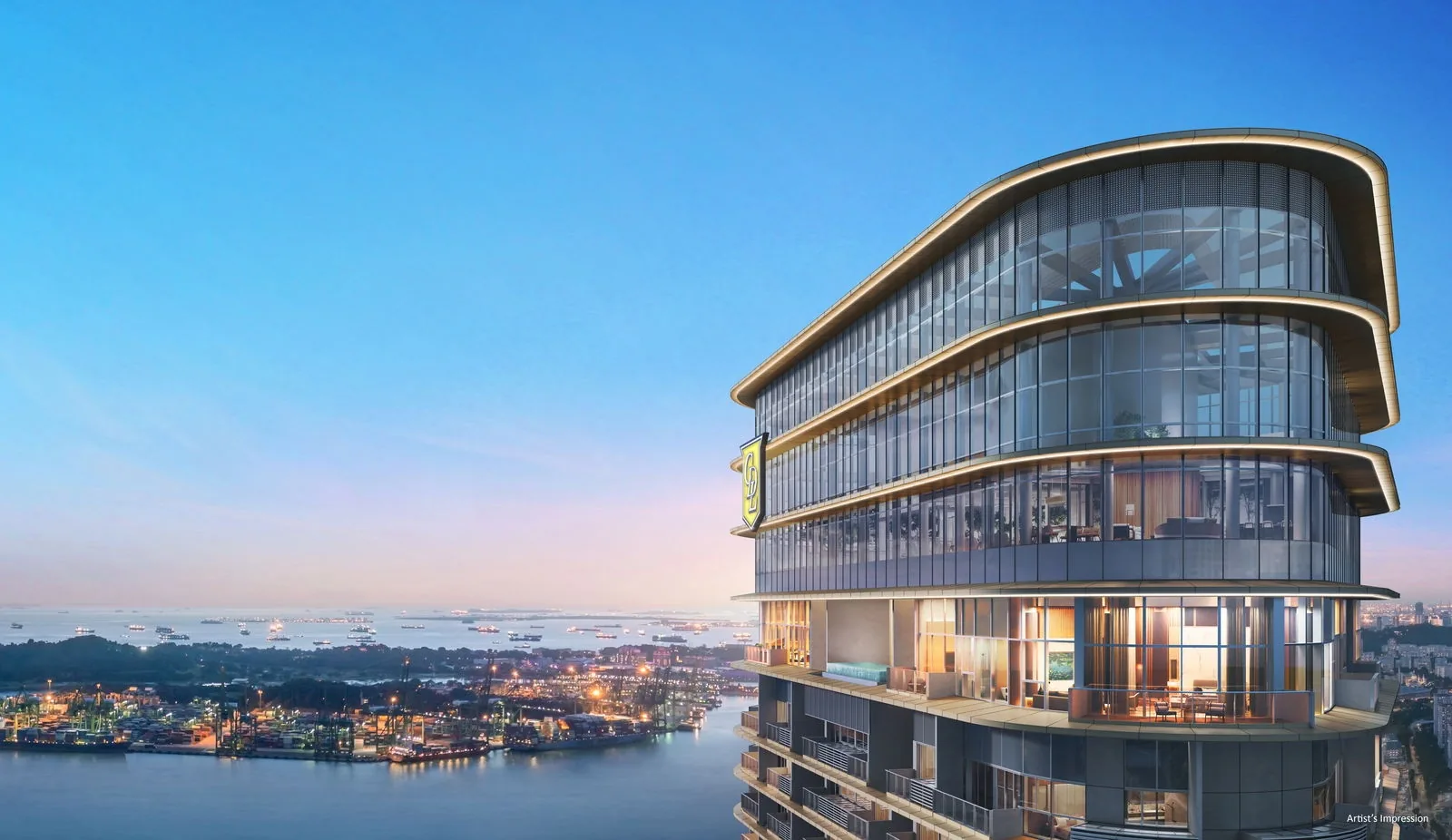 Newport Residences, artist’s impression: the curved top storeys of the tower with glazed homes and deep balconies, looking out over the sea at sunset
