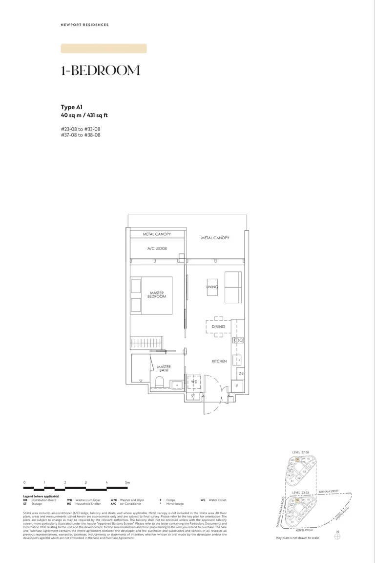Newport Residences floor plan, Type A1, 1-Bedroom, 40 sq m, 431 sq ft, from the developer's brochure