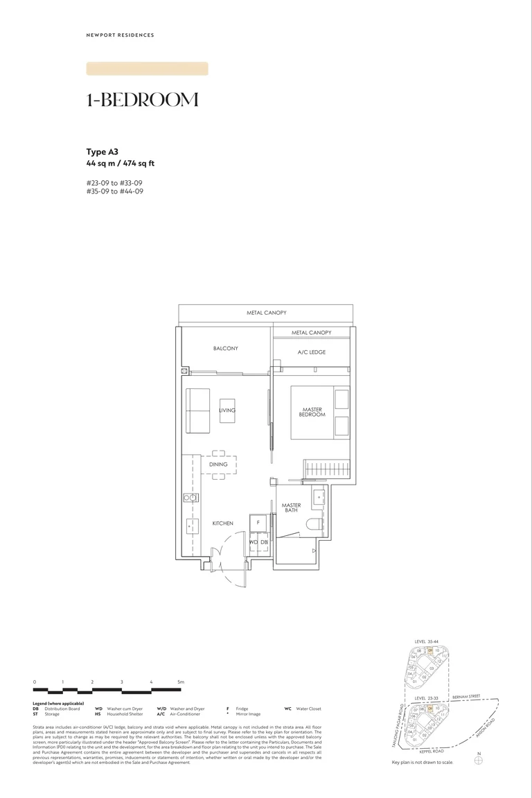 Newport Residences floor plan, Type A3, 1-Bedroom, 44 sq m, 474 sq ft, from the developer's brochure