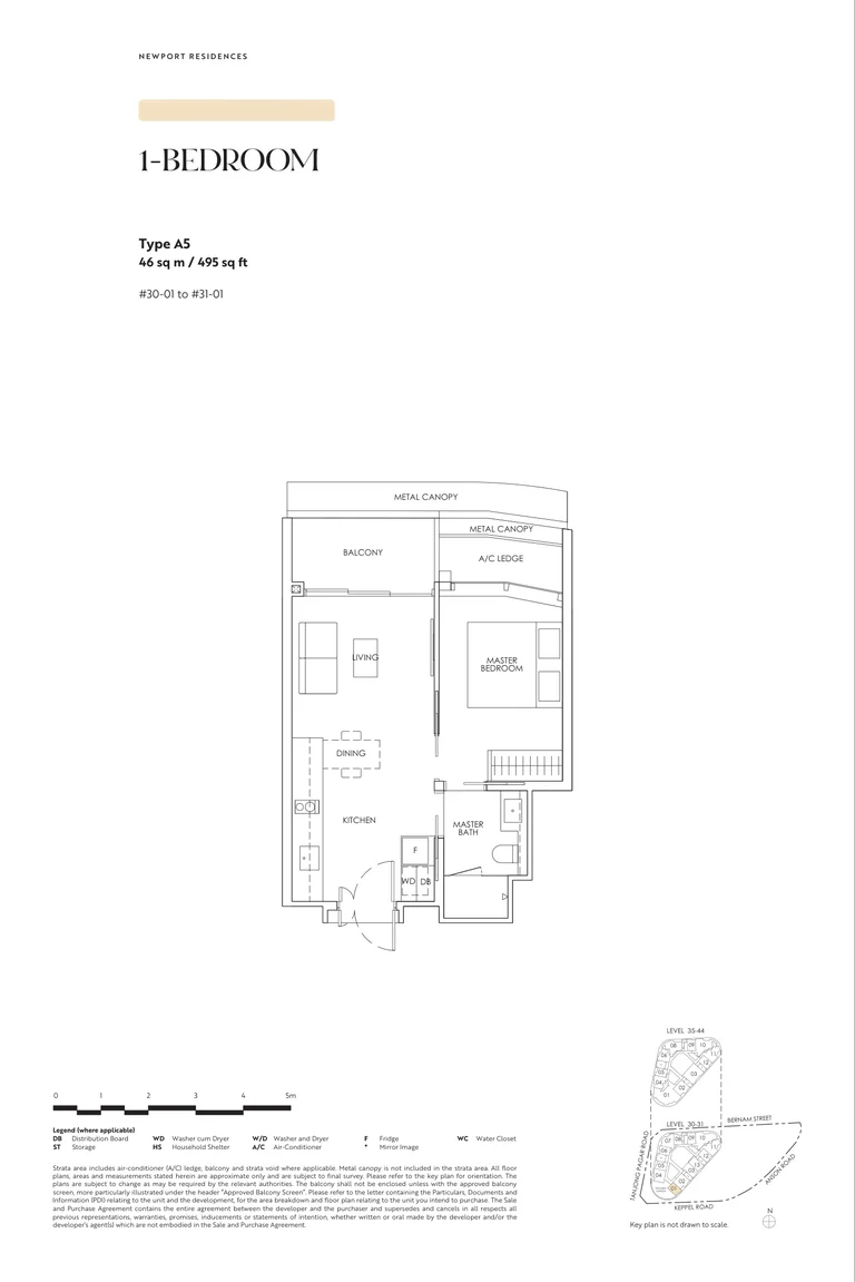 Newport Residences floor plan, Type A5, 1-Bedroom, 46 sq m, 495 sq ft, from the developer's brochure