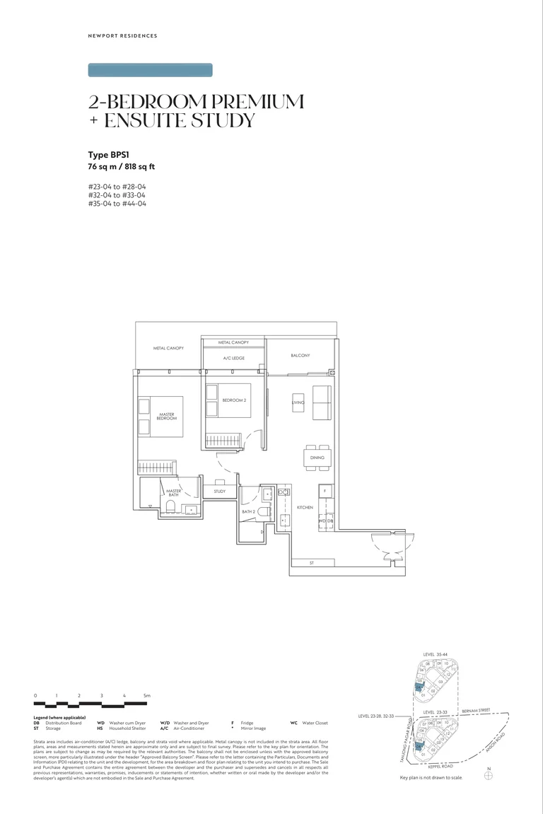 Newport Residences floor plan, Type BPS1, 2-Bedroom Premium + Ensuite Study, 76 sq m, 818 sq ft, from the developer's brochure