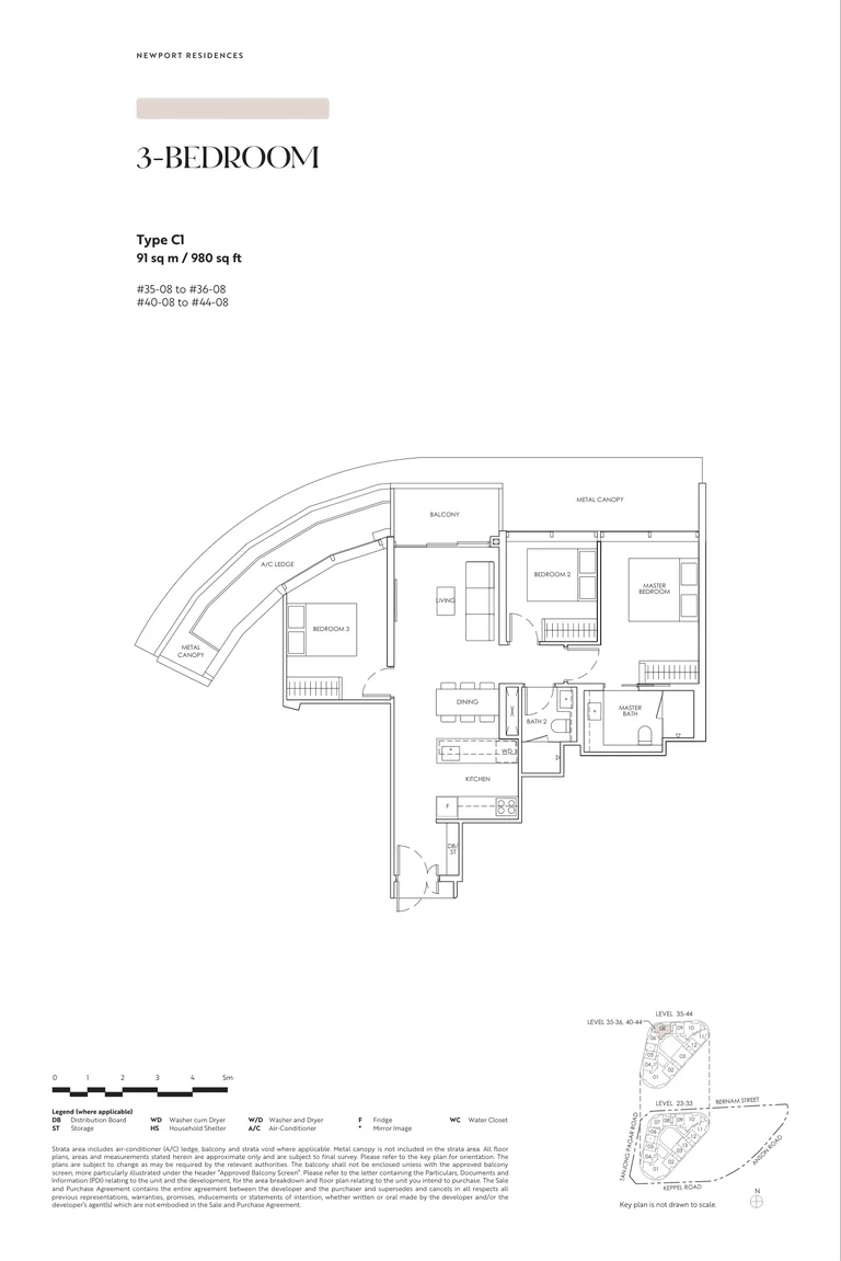 Newport Residences floor plan, Type C1, 3-Bedroom, 91 sq m, 980 sq ft, from the developer's brochure