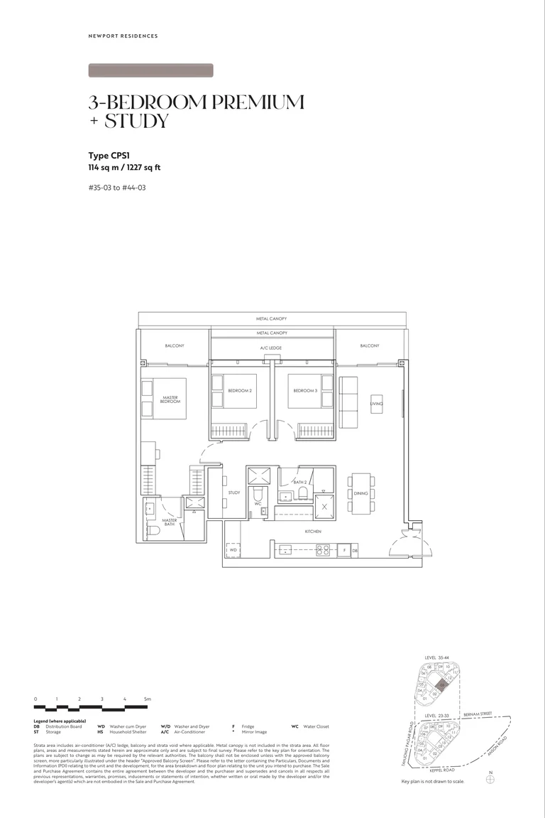 Newport Residences floor plan, Type CPS1, 3-Bedroom Premium + Study, 114 sq m, 1,227 sq ft, from the developer's brochure