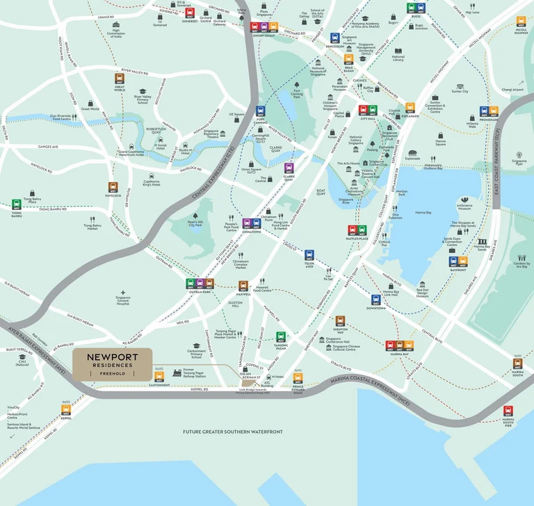 Newport Residences location map (developer graphic): 80 Anson Road between the Central Business District, Tanjong Pagar, Marina Bay and the future Greater Southern Waterfront, with MRT lines and nearby landmarks