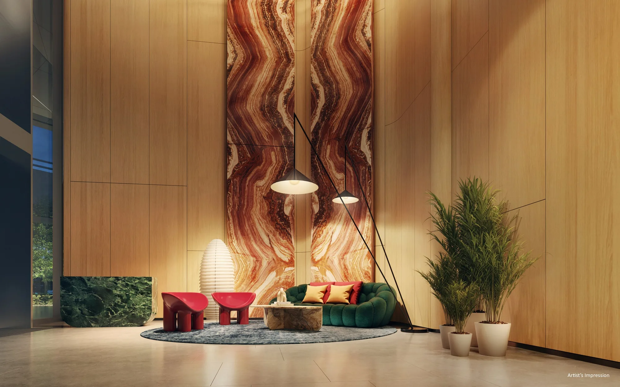 Newport Residences, artist’s impression: the double-height residential lobby with timber walls, a marble feature wall, lounge seating and planting