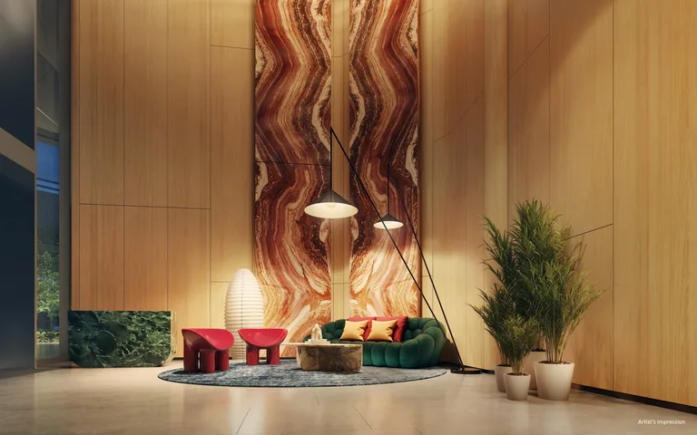 Newport Residences, artist’s impression: the double-height residential lobby with timber walls, a marble feature wall, lounge seating and planting