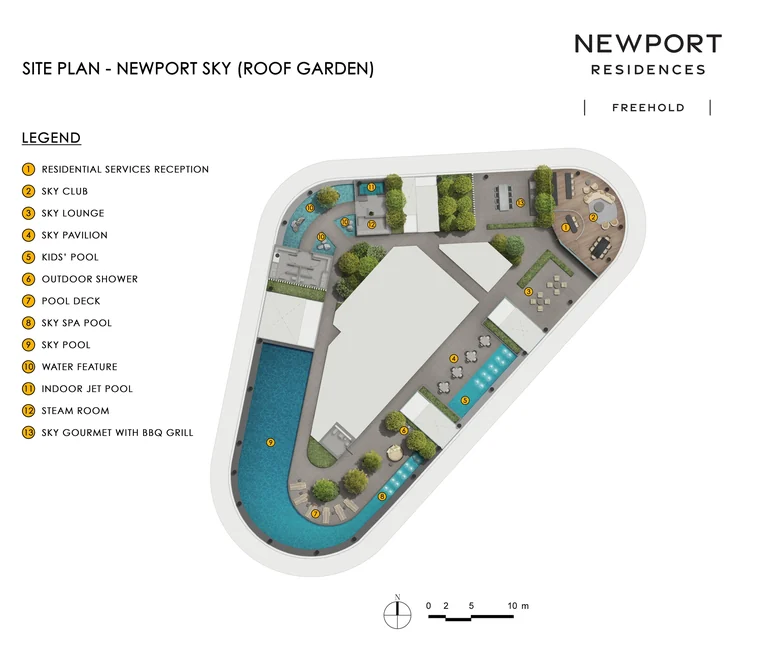 Newport Residences plan (developer graphic, not to scale): the Newport Sky roof garden with the Sky Pool, Sky Club, Sky Lounge, Sky Pavilion, kids' pool, spa pool, jet pool, steam room and Sky Gourmet