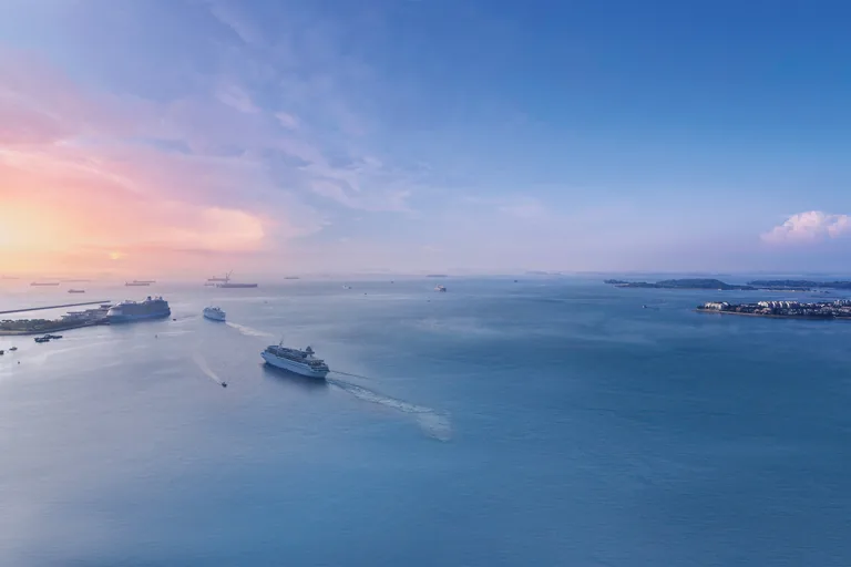 Newport Residences, photograph for illustration only: the Singapore Strait at sunset, with a cruise ship leaving the harbour and ships at anchor