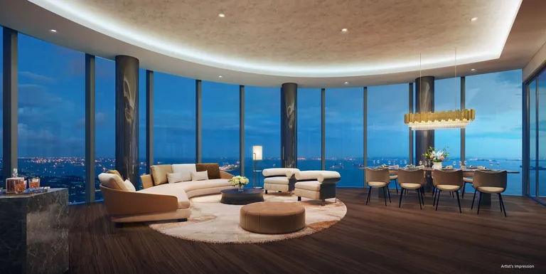 Newport Residences, artist’s impression: the Sky Club on the roof garden, a curved lounge and dining room with full-height glazing over the sea