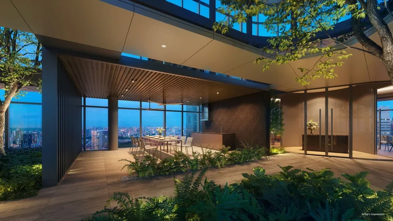 Newport Residences, artist’s impression: the Sky Gourmet pavilion with its barbecue grill and dining tables on the landscaped roof garden at dusk