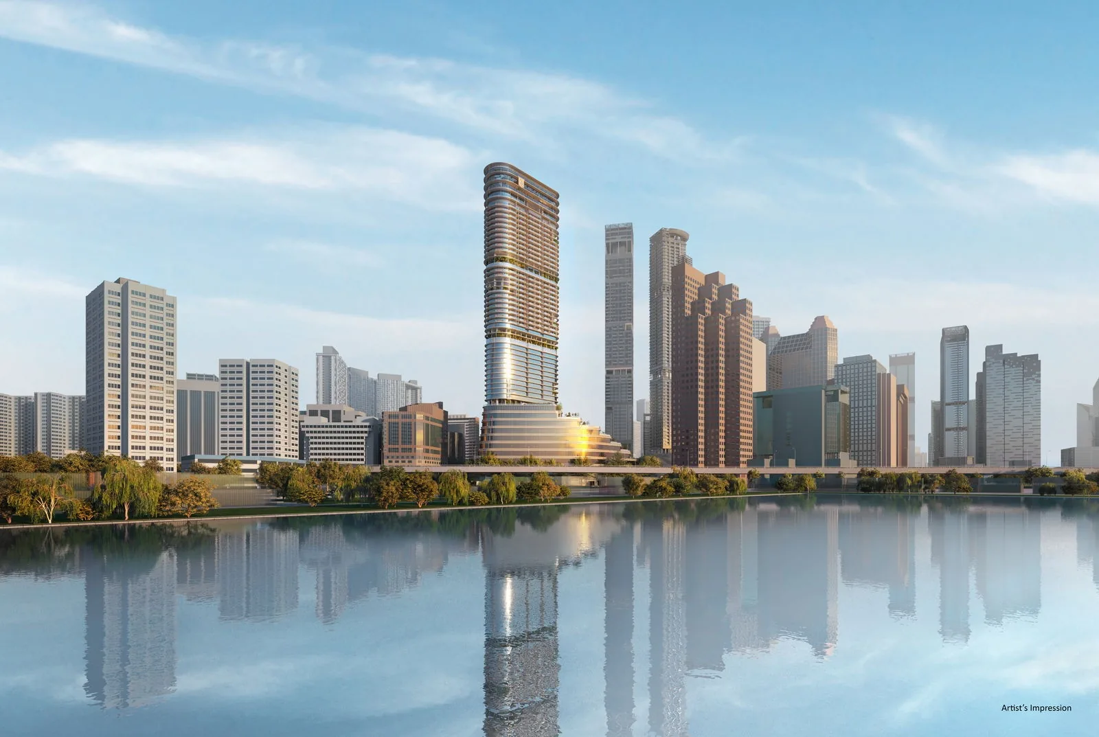 Newport Residences, artist’s impression: the tower rising among the towers of the city skyline, seen across the water