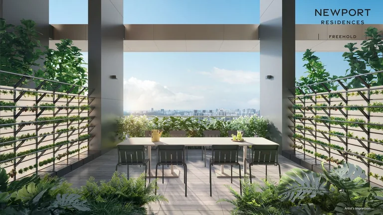 Newport Residences, artist’s impression: a sky garden with green walls, a long dining table and a framed view over the city