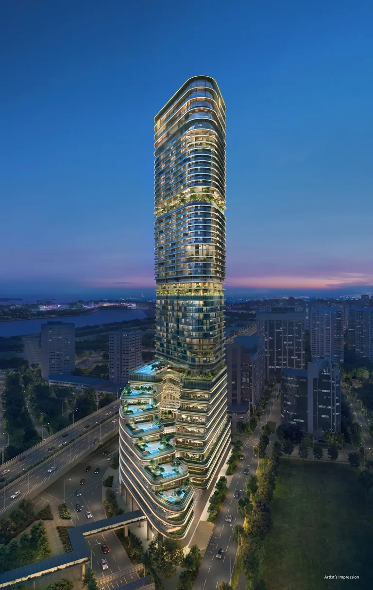 Newport Residences, artist’s impression: the tower lit at night, with warm light along the curved balconies and the terraces glowing
