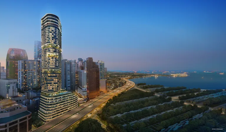 Newport Residences, artist’s impression: the curved Newport Plaza tower lit at dusk above Anson Road, with the port, the sea and Sentosa beyond