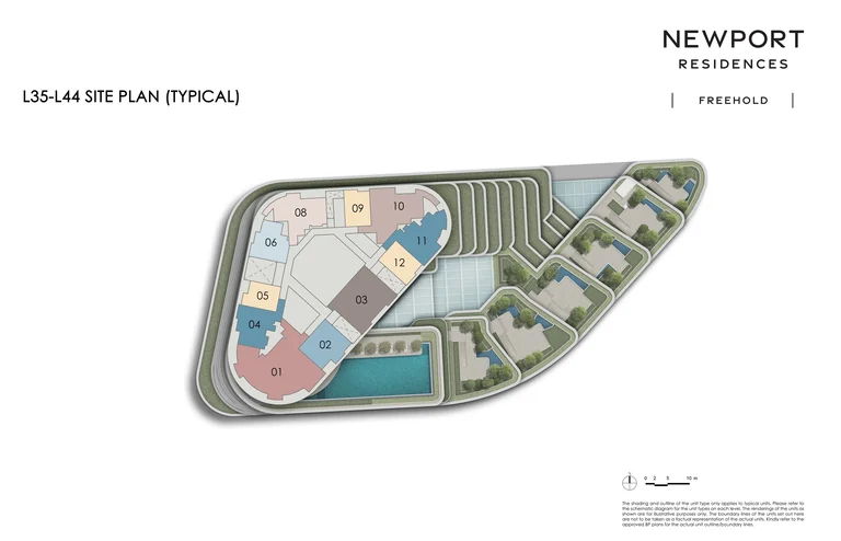 Newport Residences plan (developer graphic, not to scale): a typical residential floor from Level 35 to Level 44, with the stacks numbered around the curved tower and the terraces below