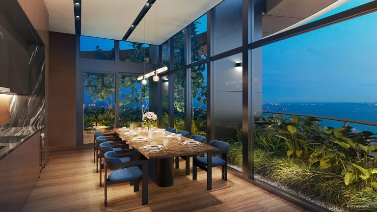 Newport Residences, artist’s impression: the Vista Gourmet on Level 34, a private dining room with a long table among planting and windows over the sea