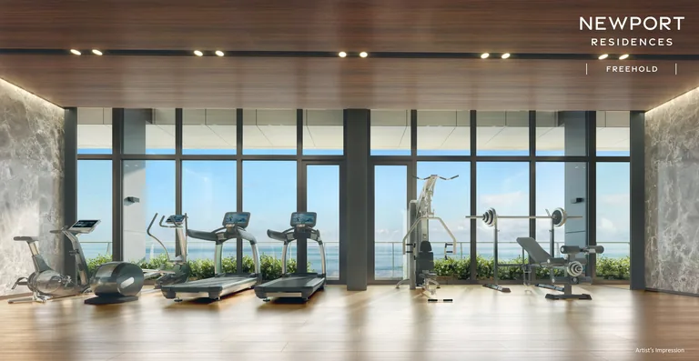 Newport Residences, artist’s impression: the Vista Gym on Level 34, with treadmills and weights facing full-height windows over the sea