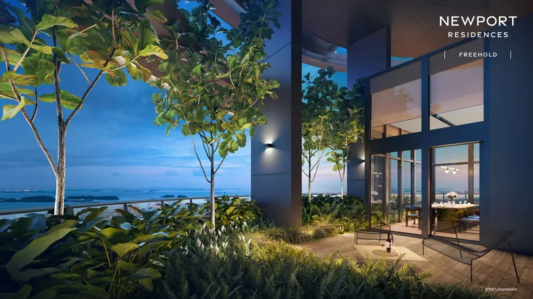 Newport Residences, artist’s impression: the Vista Lounge on Level 34, a glazed lounge opening onto a planted terrace with the sea beyond