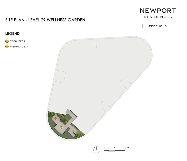 Newport Residences plan (developer graphic, not to scale): the Wellness Garden on Level 29 with the yoga deck and viewing deck